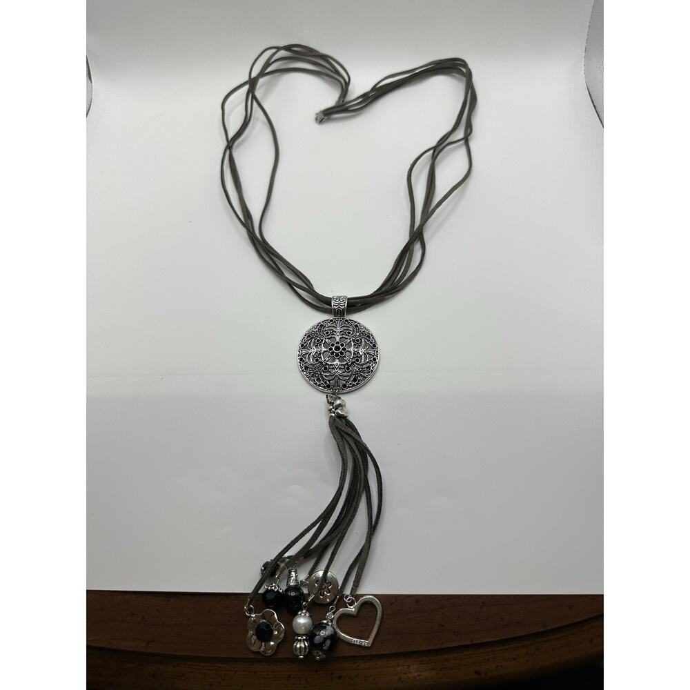 Sasha’s Grey Faux Leather Multi Strand Necklace With Charms And Tassel 28”